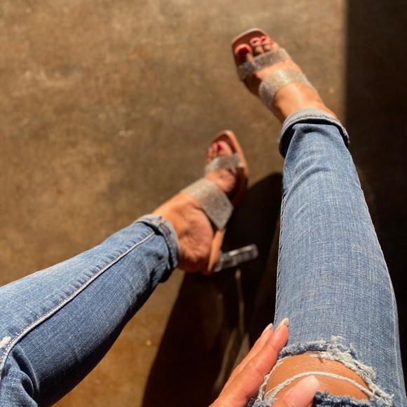 Nude Double Strap Blinged Lucite Heels - Picture 5 of 10